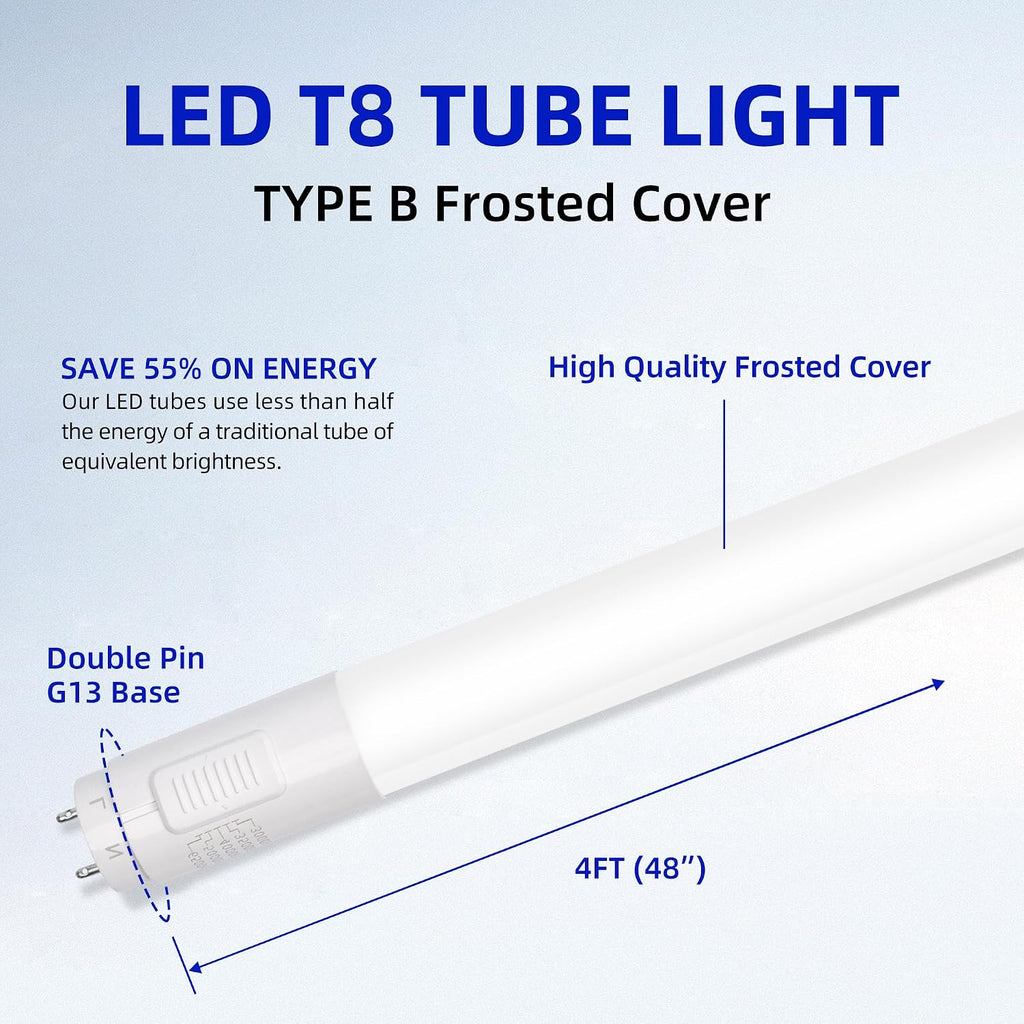 20 Pack T8 LED Bulbs 4 Foot, 5CCT 3000-6500K,18W, 2300LM,Type B