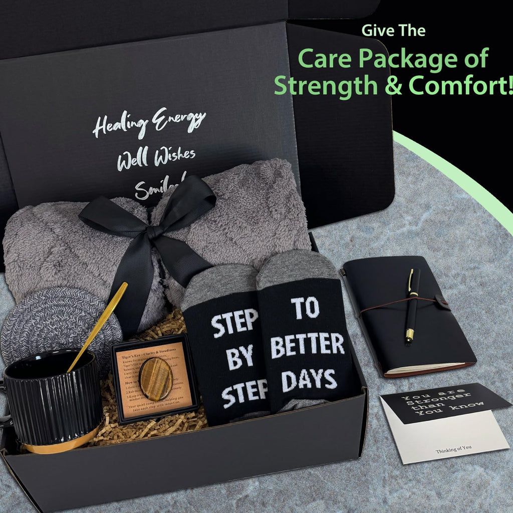 Care Package for Men - Get Well Soon Gifts for Men with Plush Blanket, Ceramic Mug Set, Socks, PU Notebook, Pen
