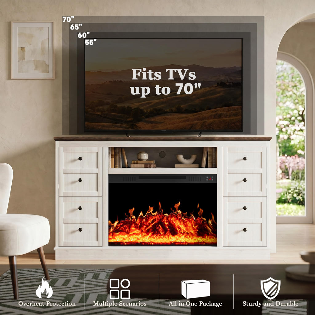 62" Farmhouse Fireplace TV Stand for up to 75" TV, White
