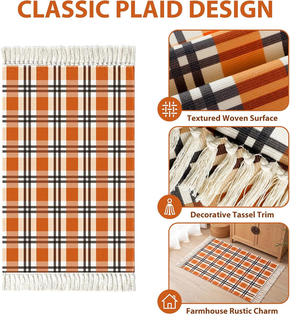 Fall Buffalo Plaid Rug Outdoor Cotton Orange Autumn Rug 28 x 43 Inch