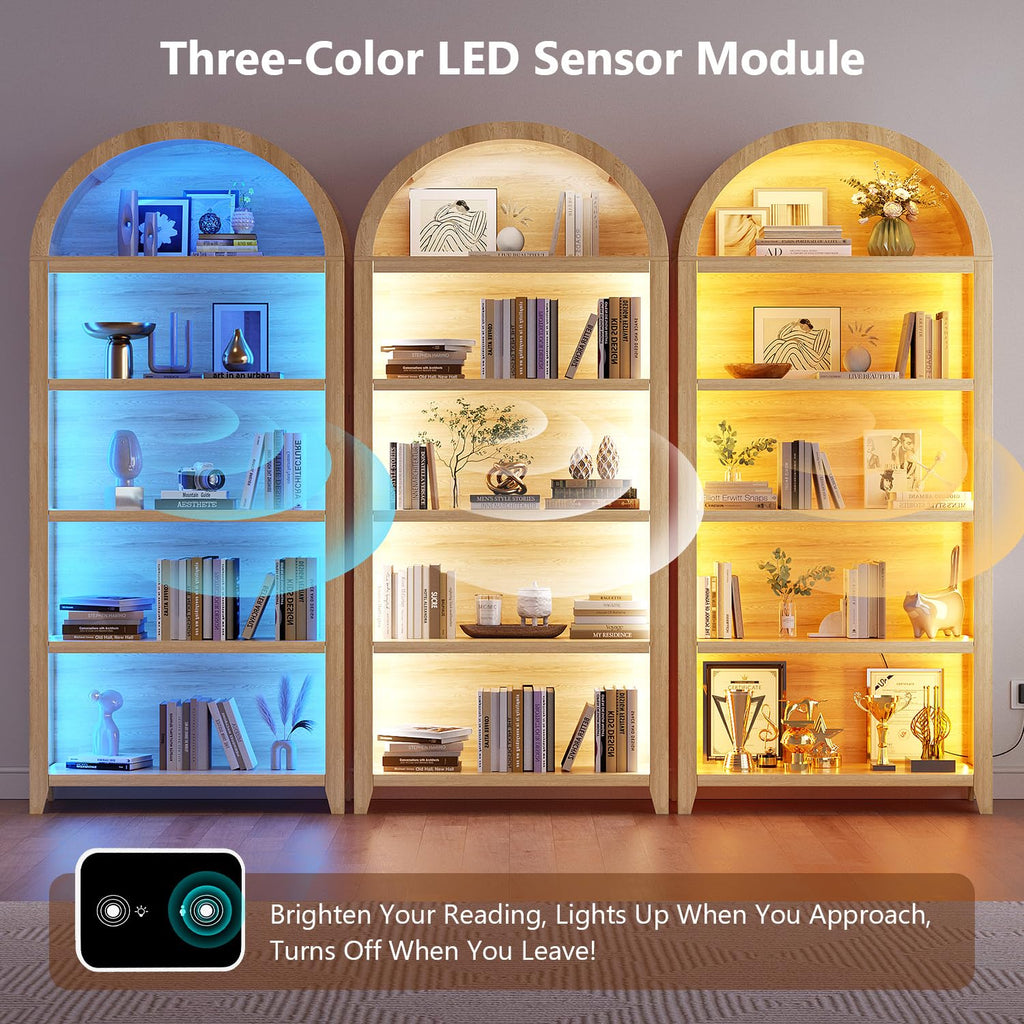 5-Tier Arched Bookcase with Led Lights & Motion Sensor, Light Wood