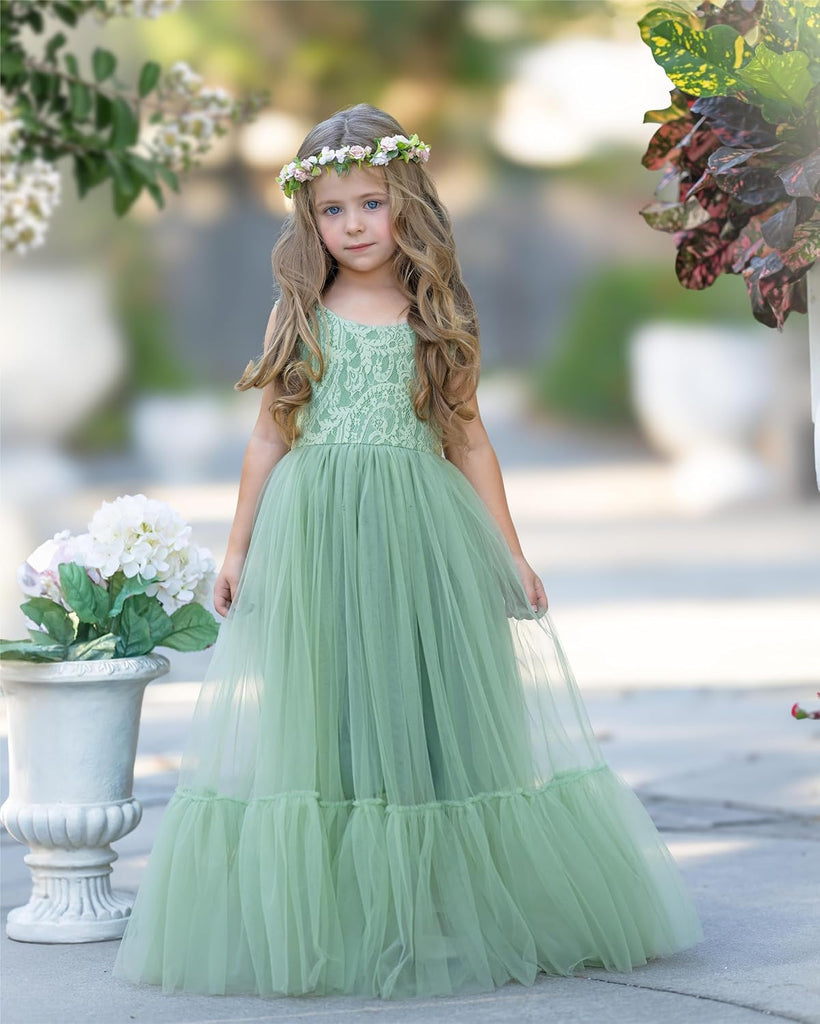 Flower Girl Dress Lace/Tulle Boho Toddler Dresses Ruffle Girl Dress for Wedding Garden Party Communion Beach