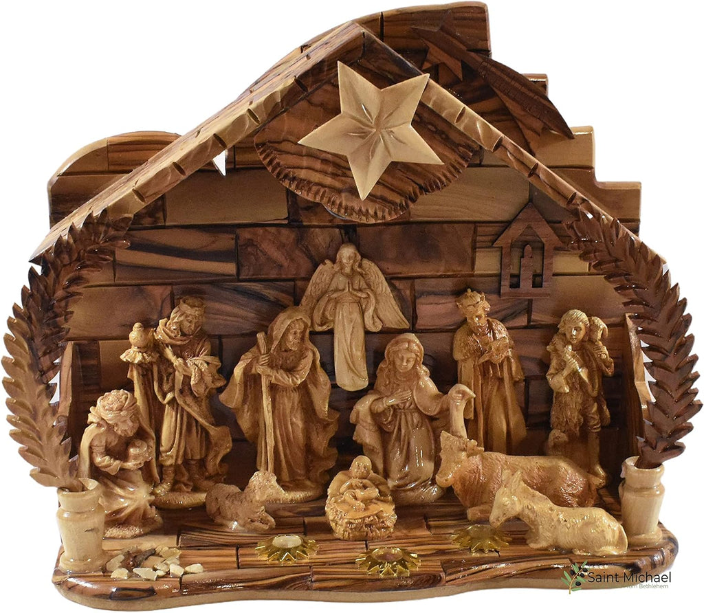 Wooden Bethlehem Nativity Set - Handcrafted Olive Wood Christmas Manger Scene with Music Box - Authentic Holy Land