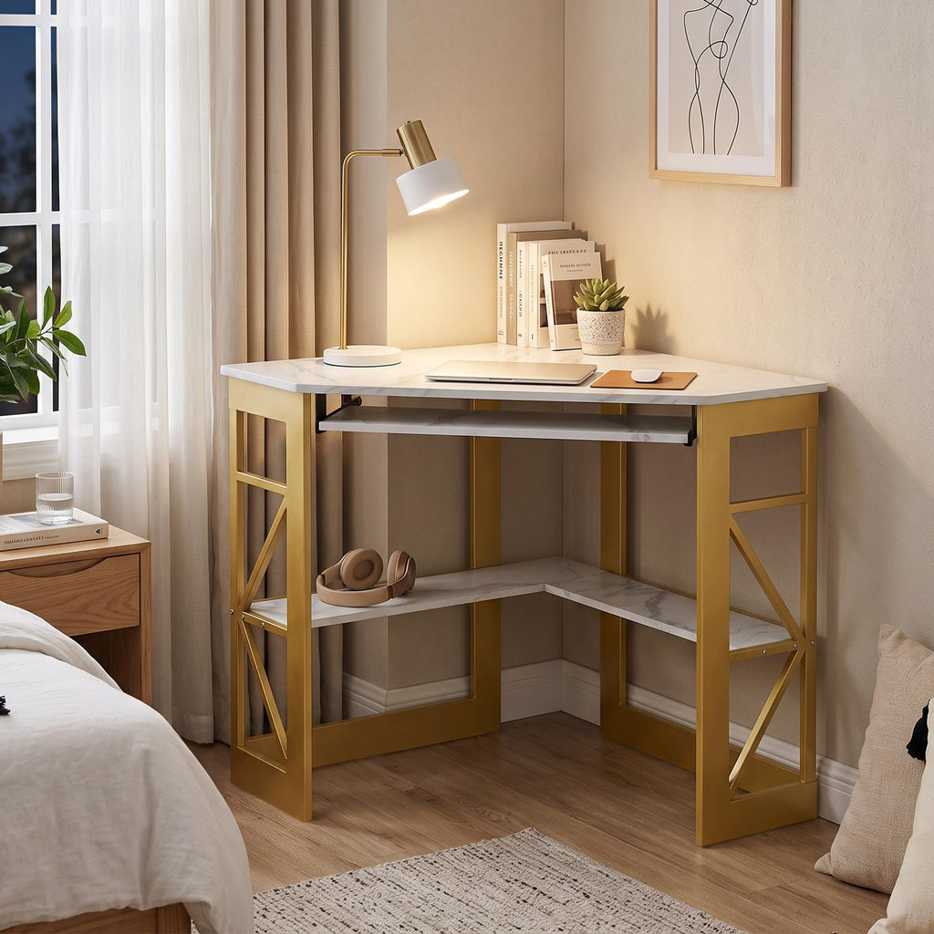 Corner Computer Desk 41 x 30 inches with Smooth Keyboard & Storage Shelves Workstation, White & Gold