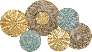 Vintage Floral Metal Wall Art - Gold and Turquoise Decorative Sculpture Decor (39.4" x 23") - Set of 5
