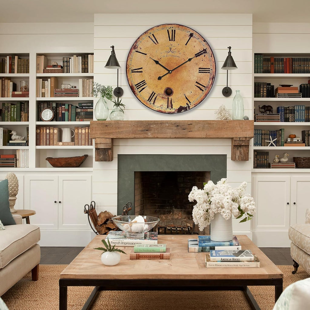 Rustic Large Wall Clock Silent Battery Operated for Farmhouse Livingroom,24 Inch Vintage Wall Clock Non-Ticking for Kitchen Bedroom Home School