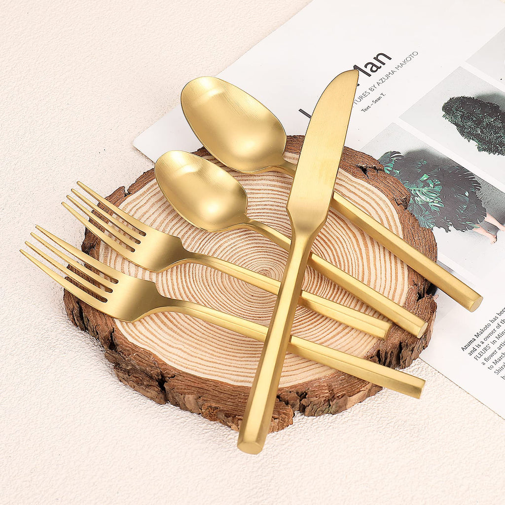 Matte Silverware Set Gold Flatware Set with Hexagon Handle 20 Pieces 18/0 Stainless Steel Cutlery Set Wedding