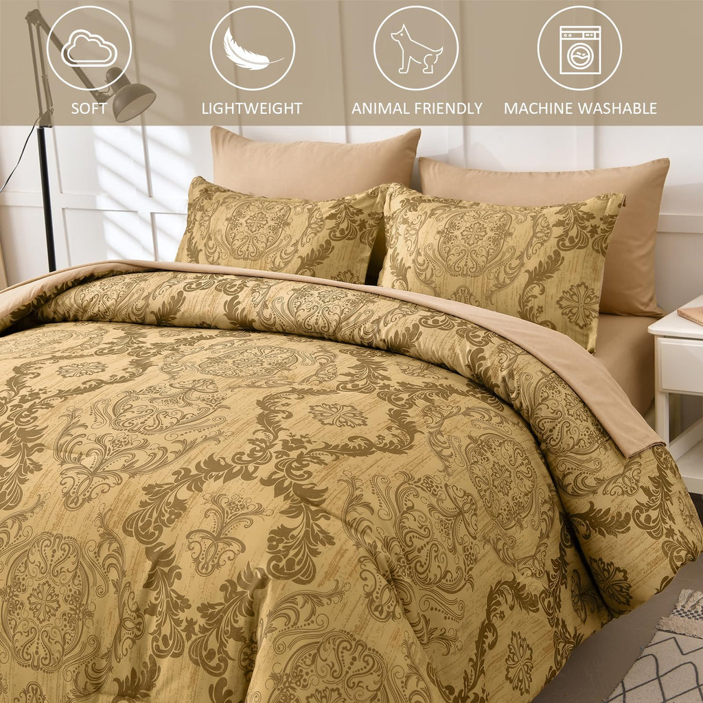 Gold Comforter Set King Size, Damask Texture Design 7 Pieces Bed in a Bag Microfiber Comforter Bedding Sets -1