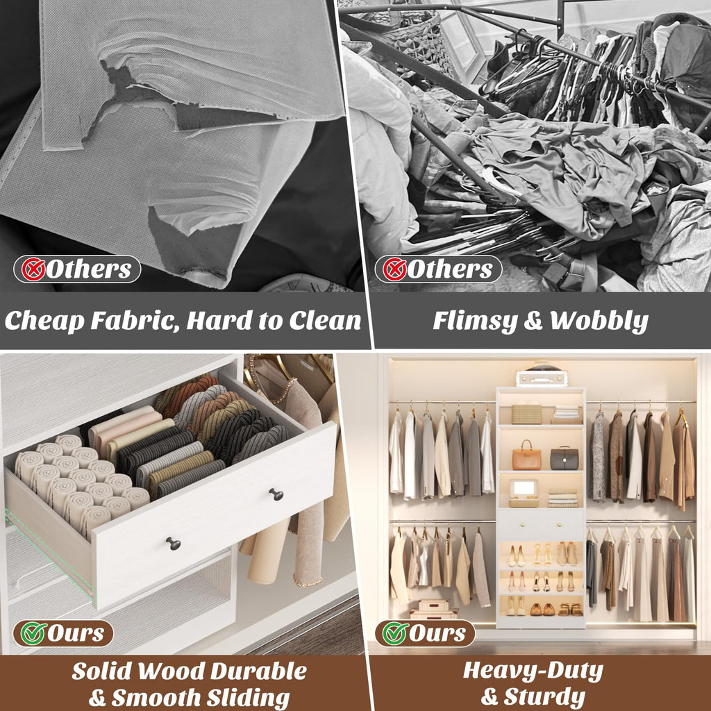 Wood Closet Organizer System - 4FT-9FT Expandable Wardrobe Closet with Drawer & 4 Hanging Rods, Heavy Duty Walk-in