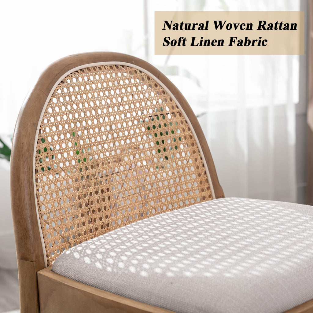 Modern Bar Stools Set of 2, 29 Inches Bar Height Barstools with Rattan Back, Linen Upholstered Kitchen Island Chair