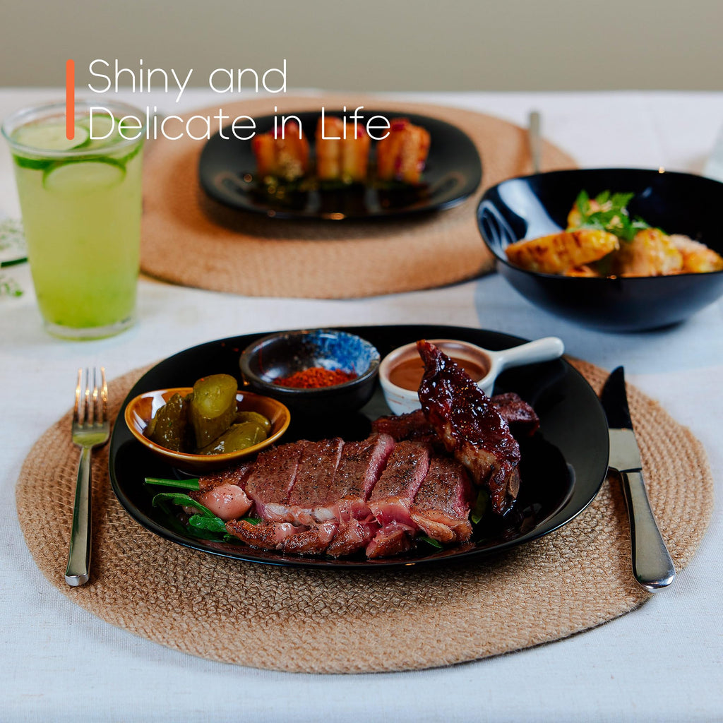 Square Dinnerware Sets for 4, 12 Piece Black Opal Glass Set