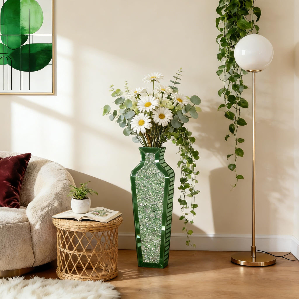 Green Crushed Diamond Floor Vase, Large Mirrored Tall Vases for Floor, Modern Glass Decorative Vases Bedroom Home