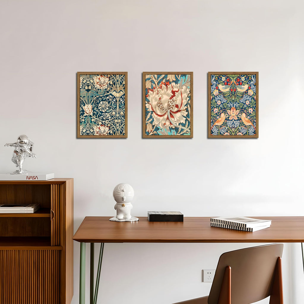 Wood Frame William Morris Wall Art Set of 3, Vintage Botanical Floral Canvas Wall Decor Painting, Farmhouse Artwork