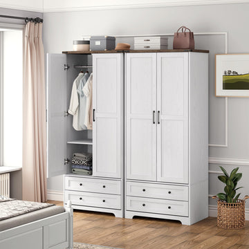 Wooden Armoire Wardrobe Closet with Drawers, White, Set of 2