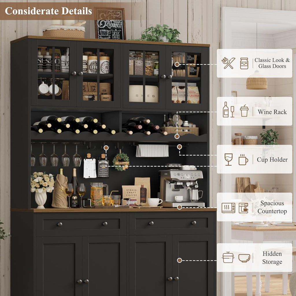 75" Kitchen Pantry Storage Cabinet, Coffee Bar Hutch Cabinet, Black | Tall Pantry Cabinet with Charging Station /