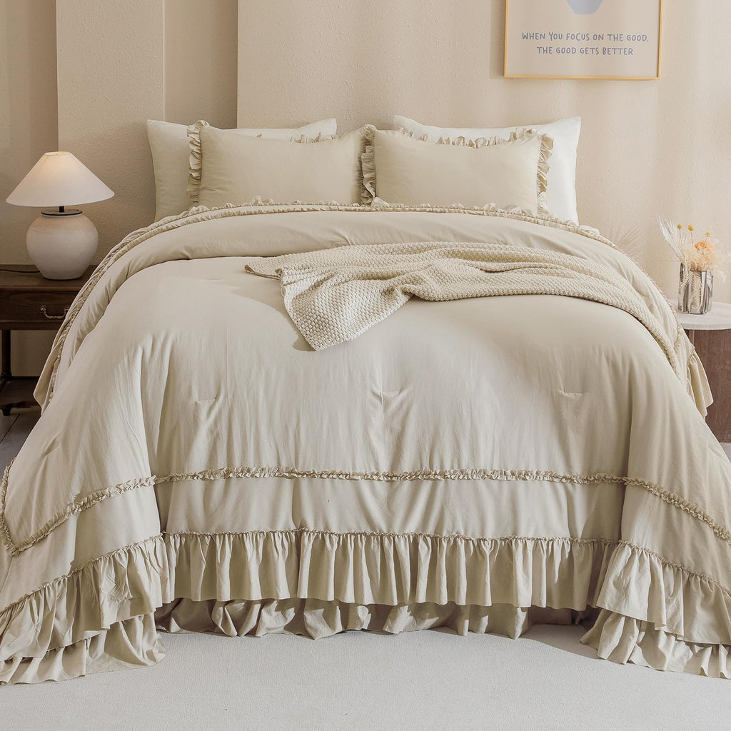 Wheat Oversized King Comforter Set 120x120, Farmhouse Ruffled Bedding Comforter French Country Shabby Vintage Bed