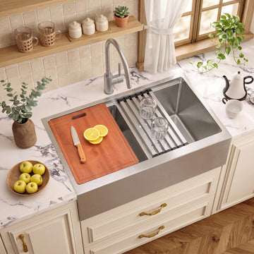 28''x22'' Farmhouse, Drop-in 16 Gauge Stainless Steel Workstation Apron Front Sink with Accessories, 50/50 Topmount