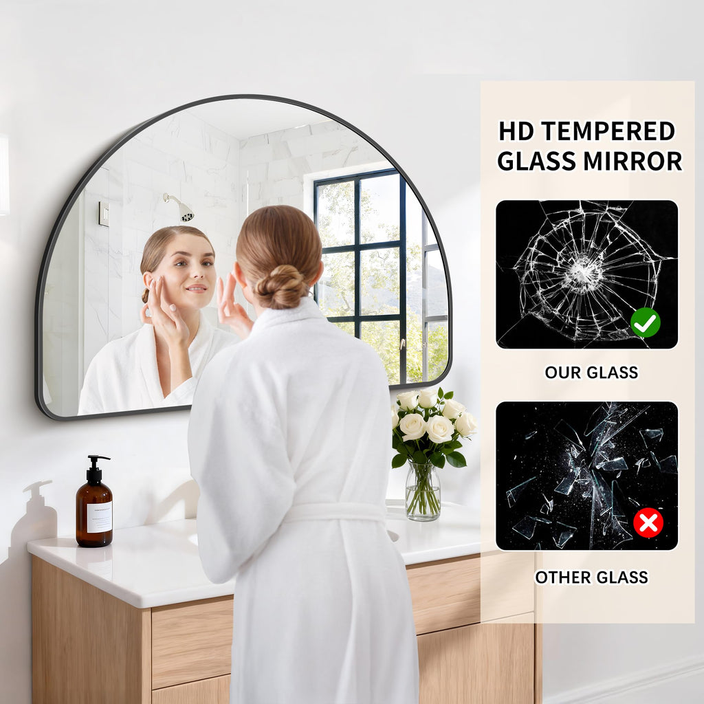 Arched Bathroom Mirror 40x30 Inch, Black Bathroom Mirror Wall Mounted Modern Aluminum Alloy Frame Arch Mirror Living