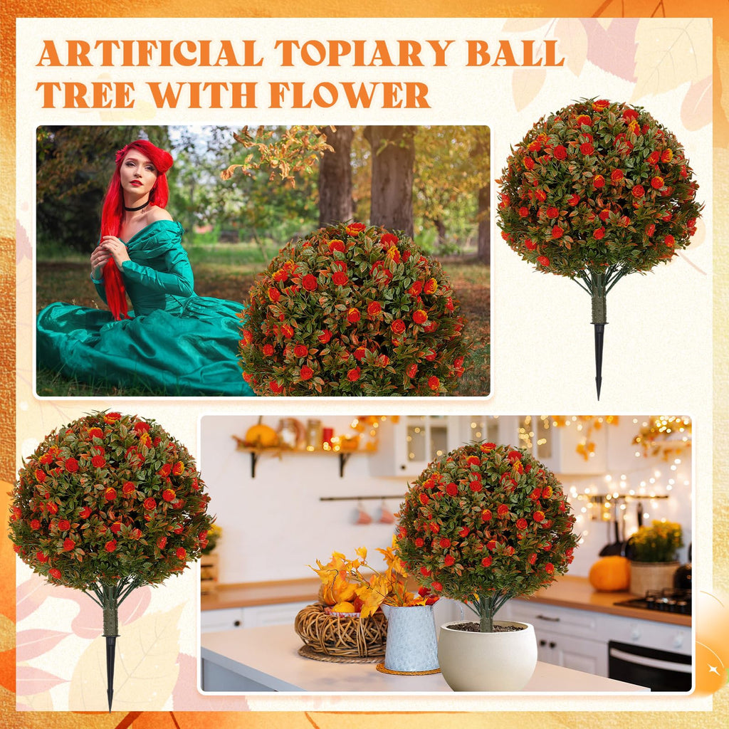 2 Pack 24" Artificial Topiary Ball Plant Trees Outdoor, Orange, Rose