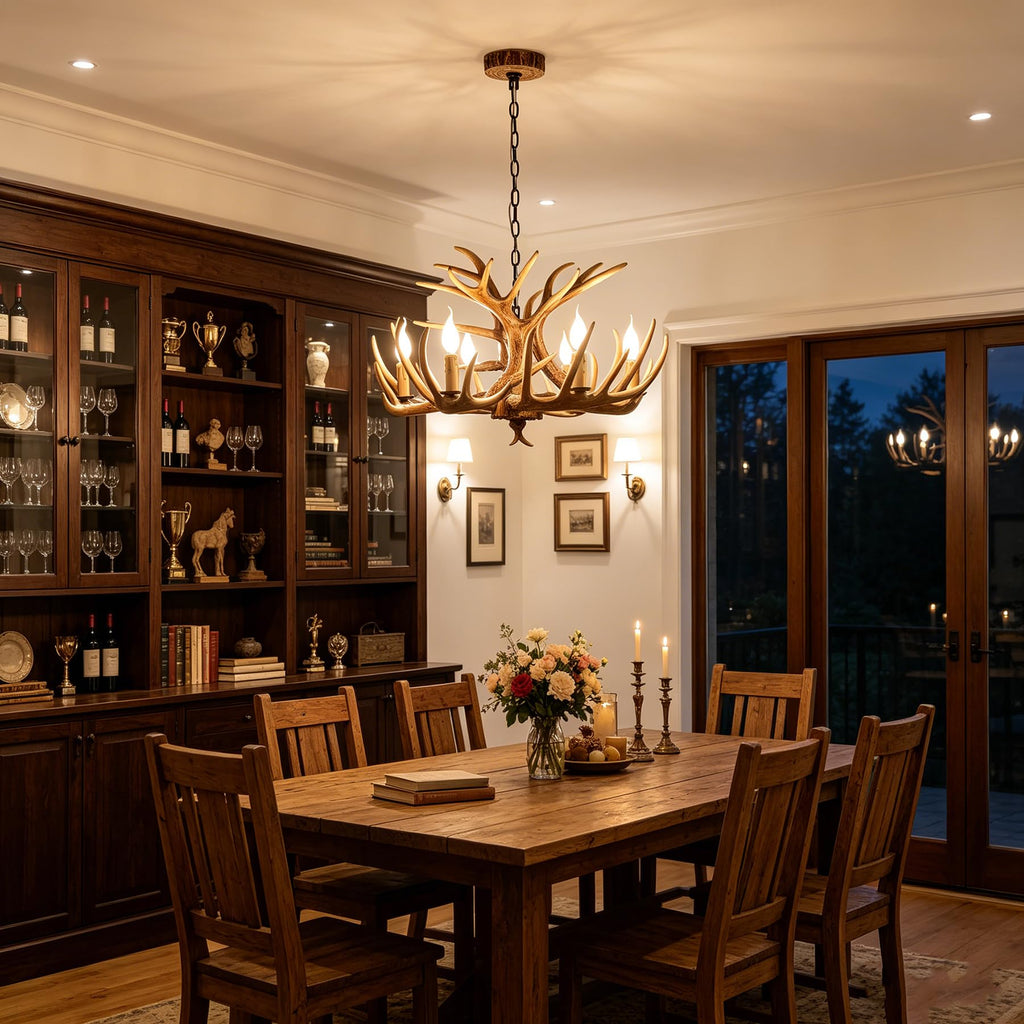 Antler Chandelier 6 Light, Rustic Style Antler Light Fixtures, E12 Base Deer Antler Chandelier Lighting Store Bar (6