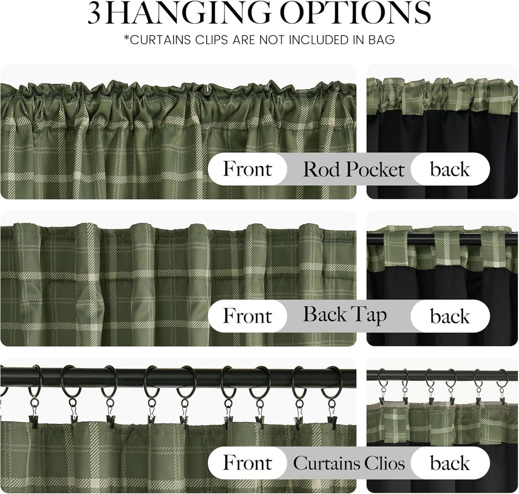 Olive Green Farmhouse Gingham Tiers Kitchen 100% Blackout Curtains 36 Inches Long, Buffalo Plaid Check Half Window