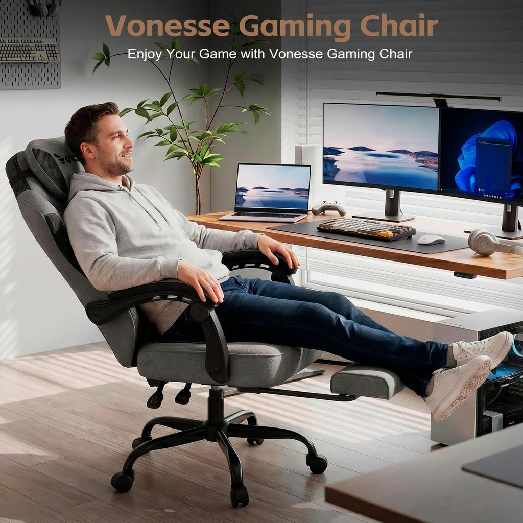 Gaming Chair, Desk Chair with Linen Breathable Mesh Fabric, Office Chair with Adjustable Lumbar Support, Computer