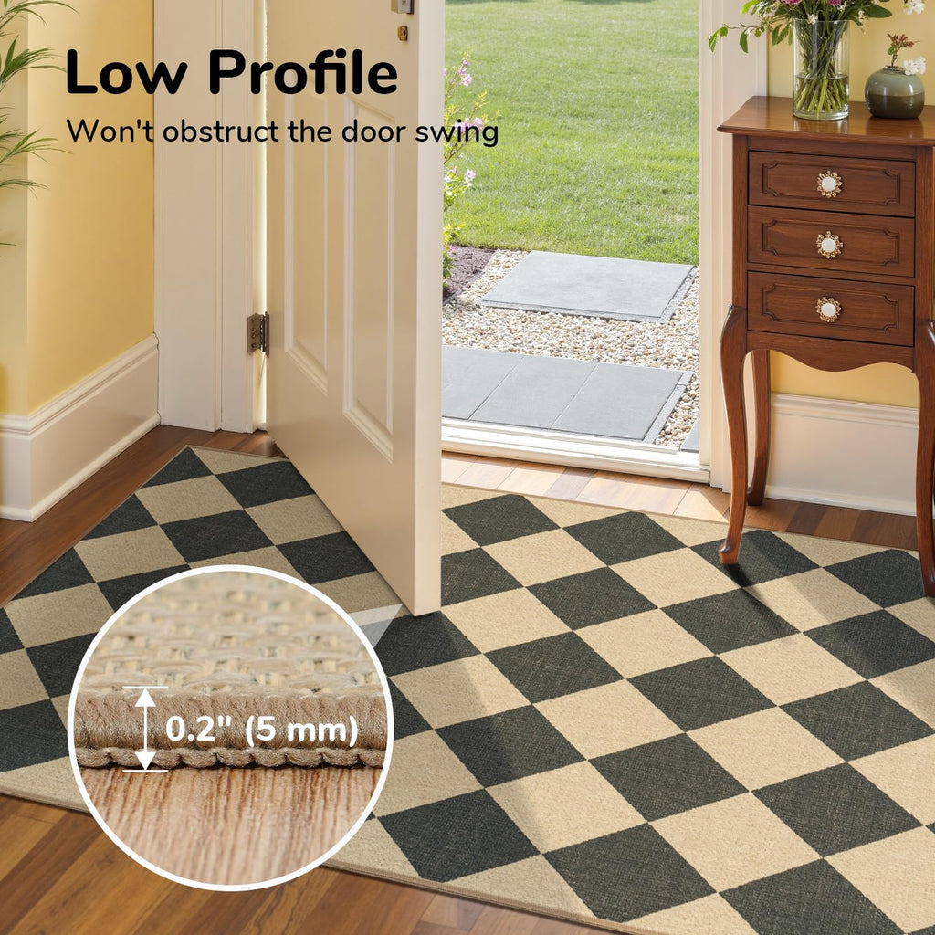 Checkered Outdoor Patio Rug, Washable Easy Jute