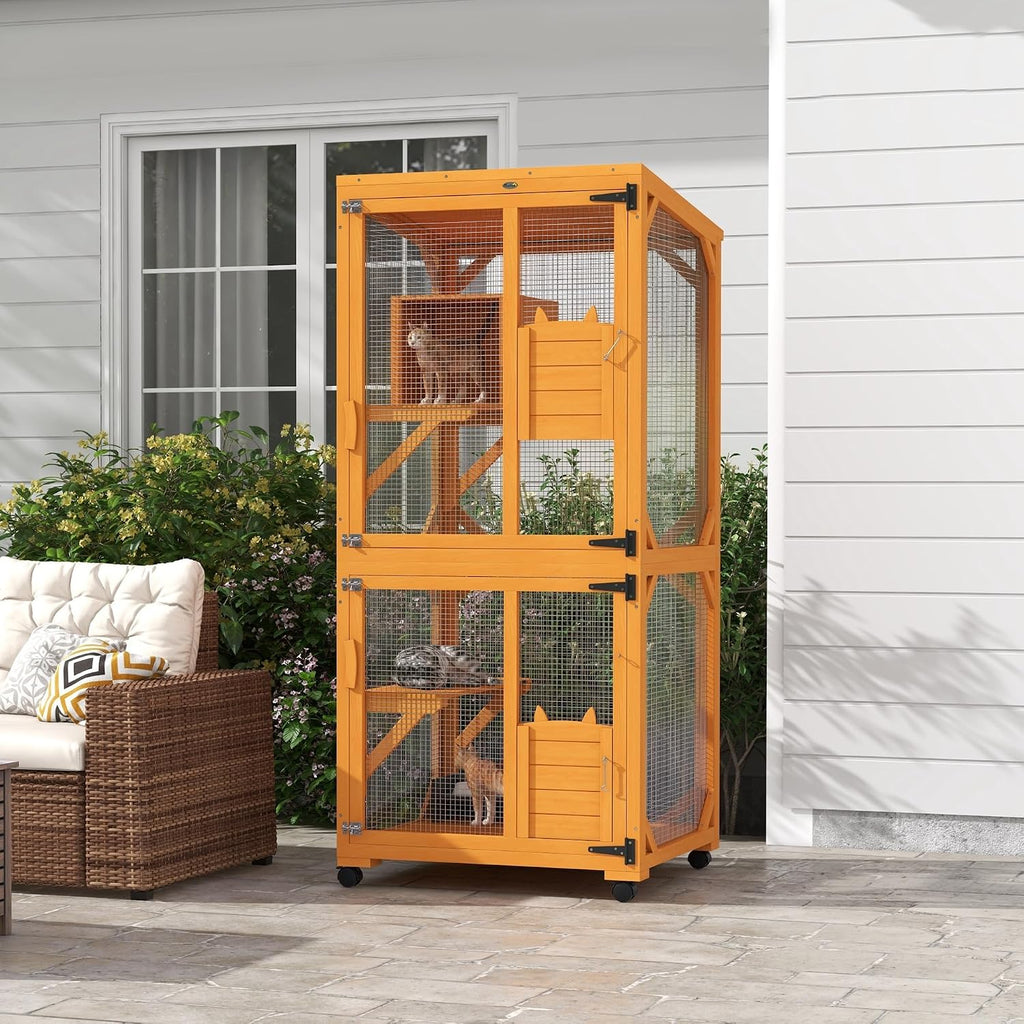 Wooden Catio with Waterproof Roof, Large Cat House with High-Up Resting Box, Indoor & Outdoor Cat Enclosure