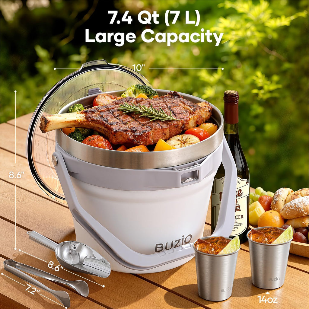 7.4 Qt/7 L Insulated Ice Bucket with Lid, Scoop, Tongs & Metal Cups