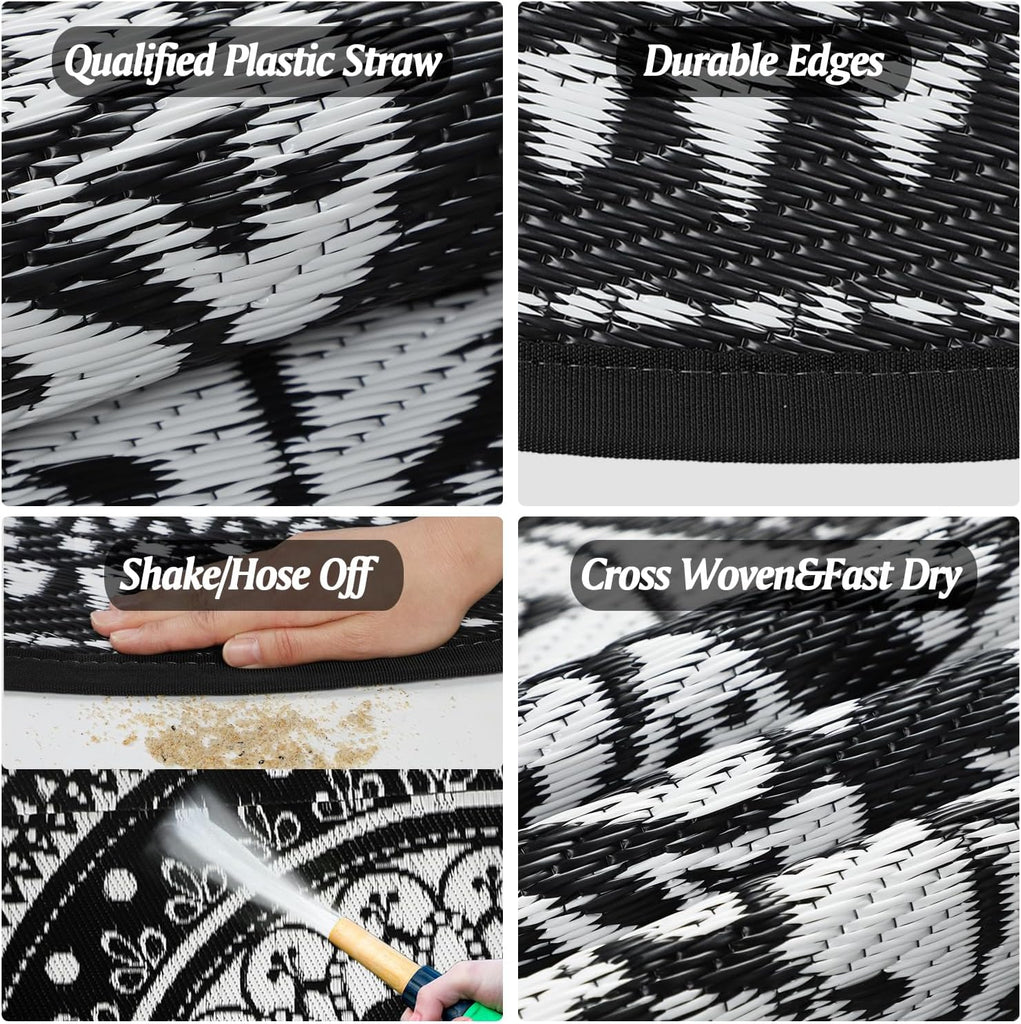 Round Outdoor Rugs 8Ft Waterproof Reversible Outdoor Patio Rugs Black Lightweight Plastic Straw Rugs Portable RV