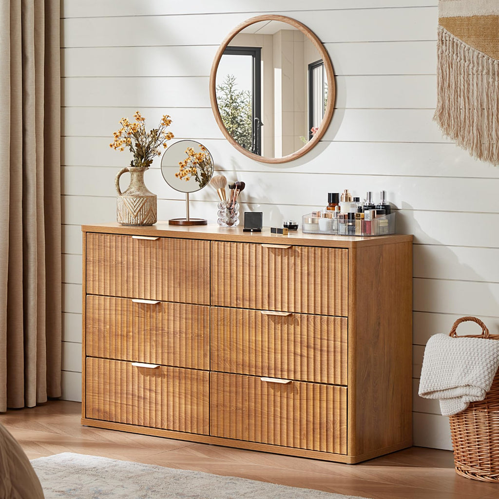 Fluted 6 Drawers, 48" Wide Farmhouse Chest of Drawers with Metal Handle, Curved Profile Modern Closet Organizer Wood
