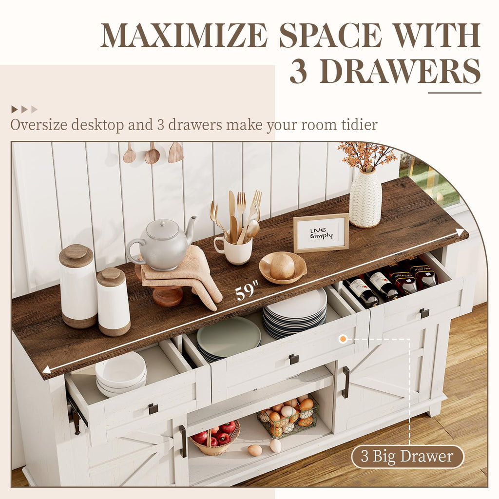 59" Farmhouse TV Stand with Storage Drawers, White & Barnwood