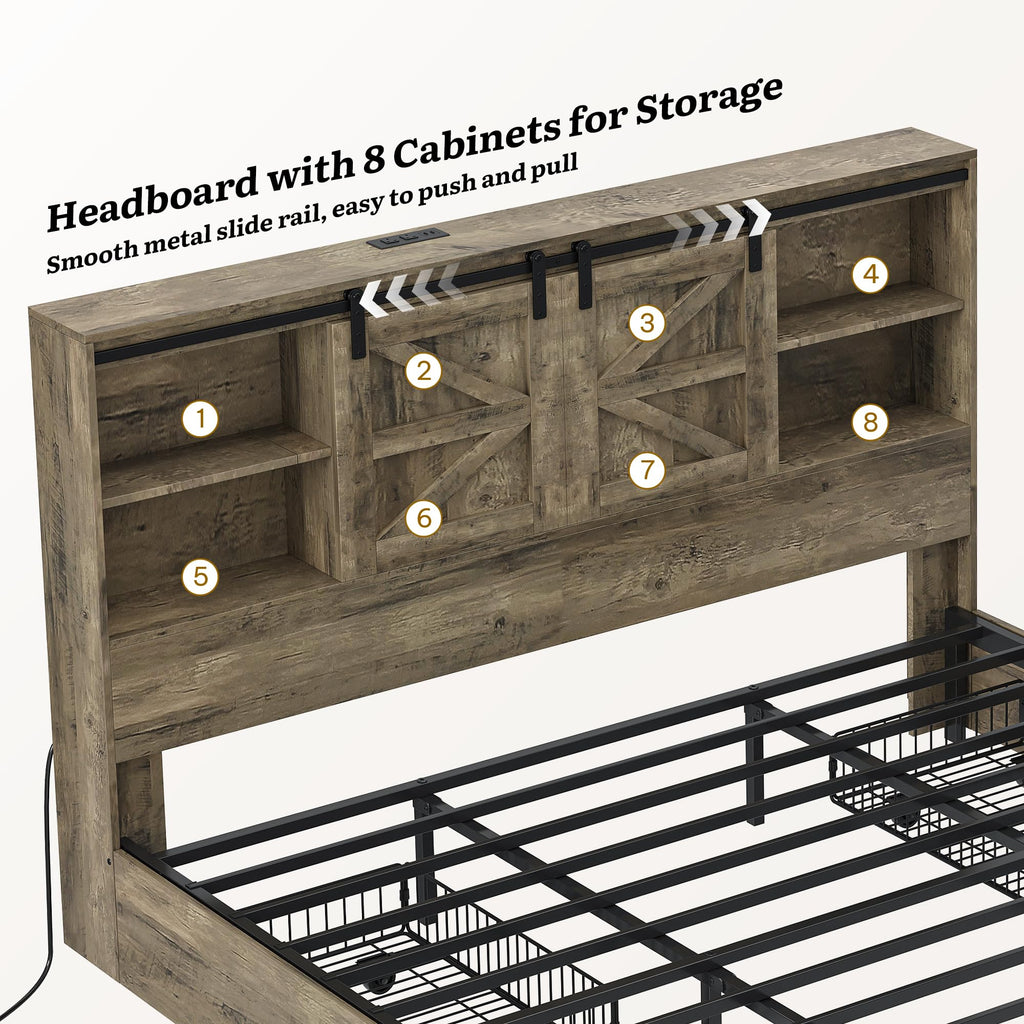 Bed Frame with Storage Bookcase Headboard & Sliding Barn Door