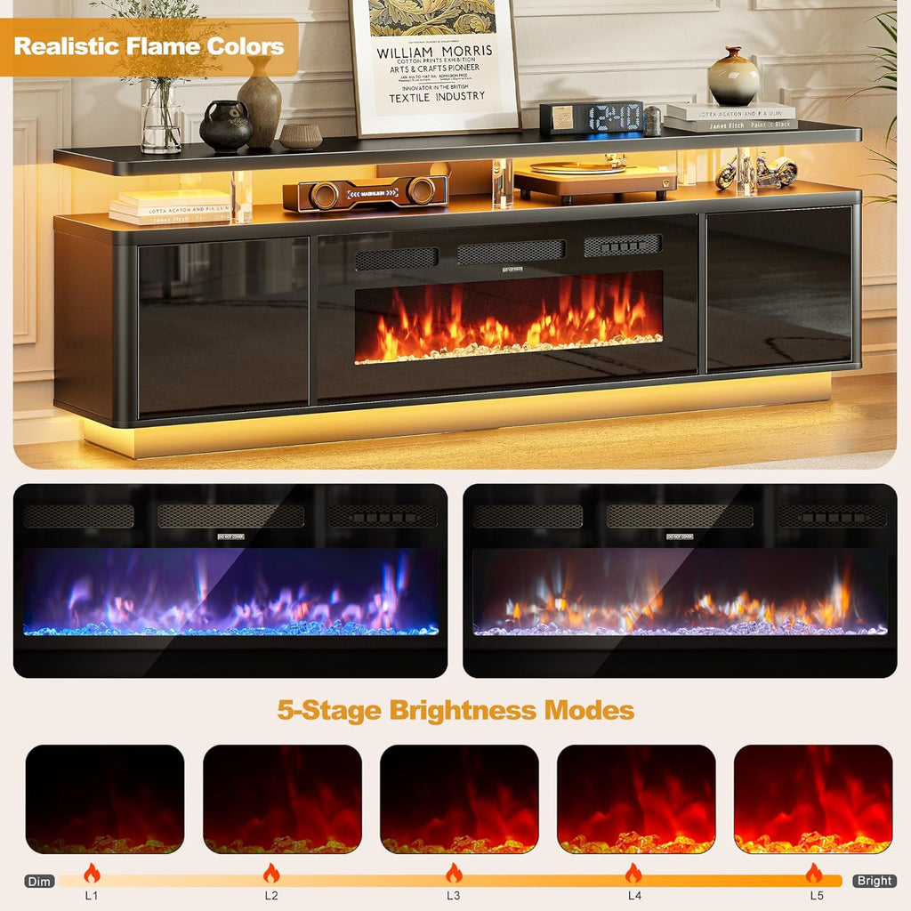 70" Fireplace TV Stand with Double LED Lights for TVs UP to 80", Electric Fireplace Entertainment Center with Storage