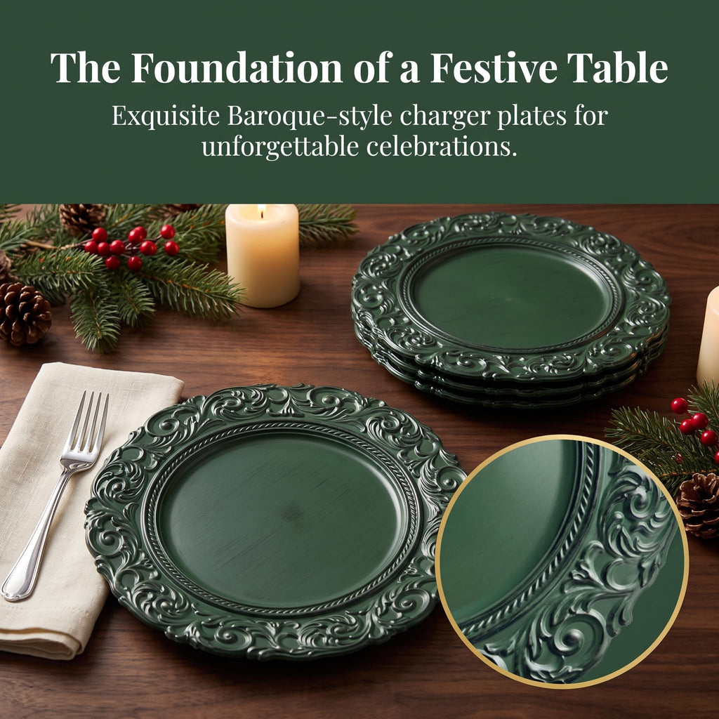 Antique Green Charger Plates, 13 Inch Plastic Plate Chargers for Dinner Plates, Wedding, Christmas, Thanksgiving.Set