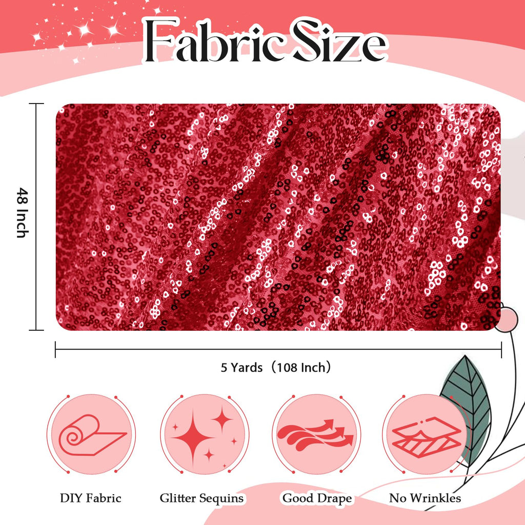 5 Yard Sequin Fabric by The Yard, Red, 48 Inch Width