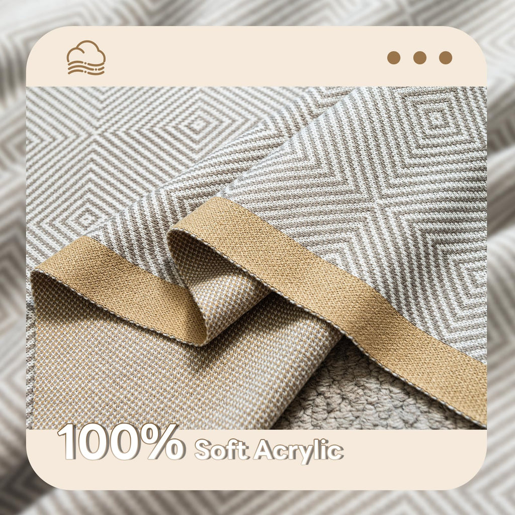 Geometric Woven Throw Blanket with Gold Trim for Sofa Bed Couch