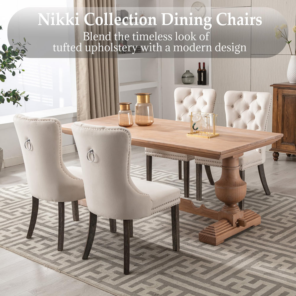 Beige Velvet Dining Chairs Set of 4, Elegant Tufted & Nailhead, Wood Legs