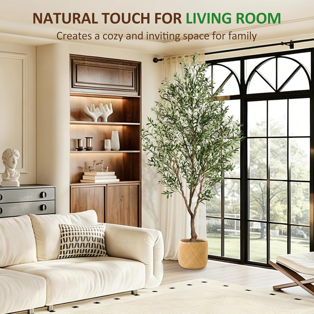 Olive Tree Artificial Indoor 8ft, Tall Faux Olive Tree with Large Olive Branches and Realistic Fruits, Fake Floor