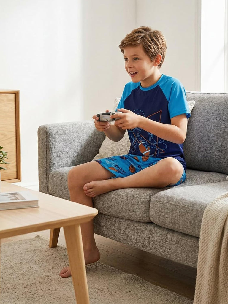 4 Pieces Boys Pajamas Shorts with Drawstring Pockets and Short Sleeve Shirts Teens Loungewear Shorts and Shirts Set