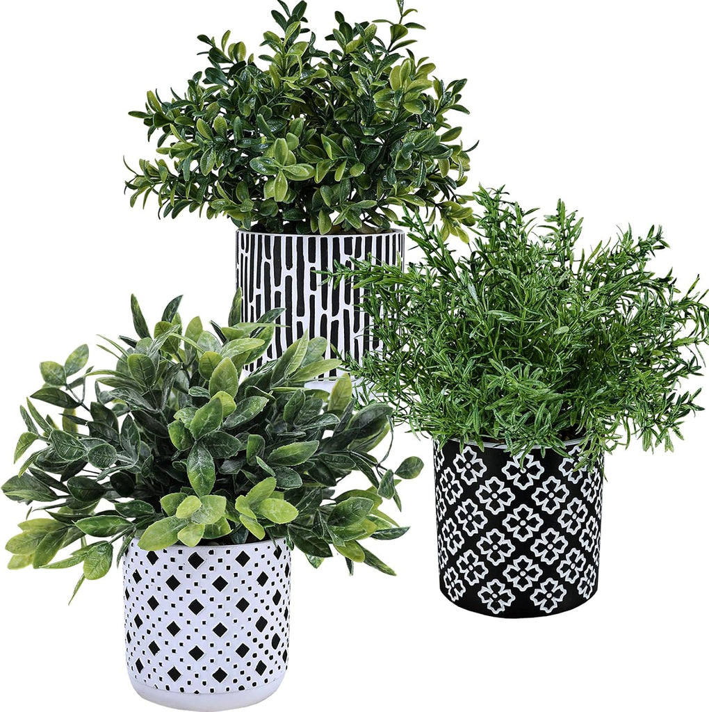 3-Pack Artificial Potted Plants - Faux Eucalyptus, Rosemary, Boxwood Greenery in Small Black & White Geometric
