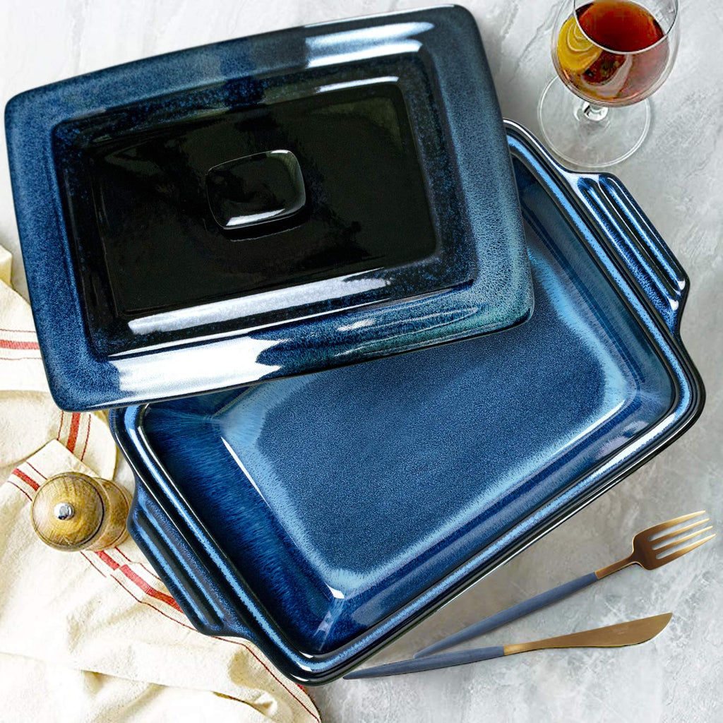 Casserole Baking Dish with Lid - Ceramic Blue Lasagna Pan 3.2 Quart, Large Covered Bakeware Set 9x13 for Cooking