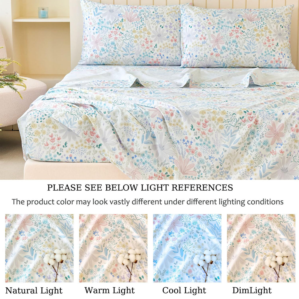 Floral Sheets Full Size 100% Cotton Satin Weave Light Pink Watercolor Bed Sheet Set, Soft Cooling for Hot Sleepers