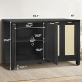 Rattan Sideboard Buffet Credenza Cabinet - Large Farmhouse Kitchen Coffee Bar Cabinet with 4 Rattan Door Storage for Entryway Living Room, 55" x 15" x 31.5" (Black)