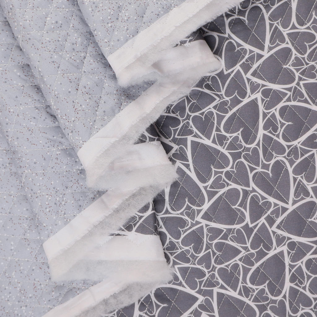 Double Faced Quilted Cotton, Srambled Hearts/Dots Grey/White