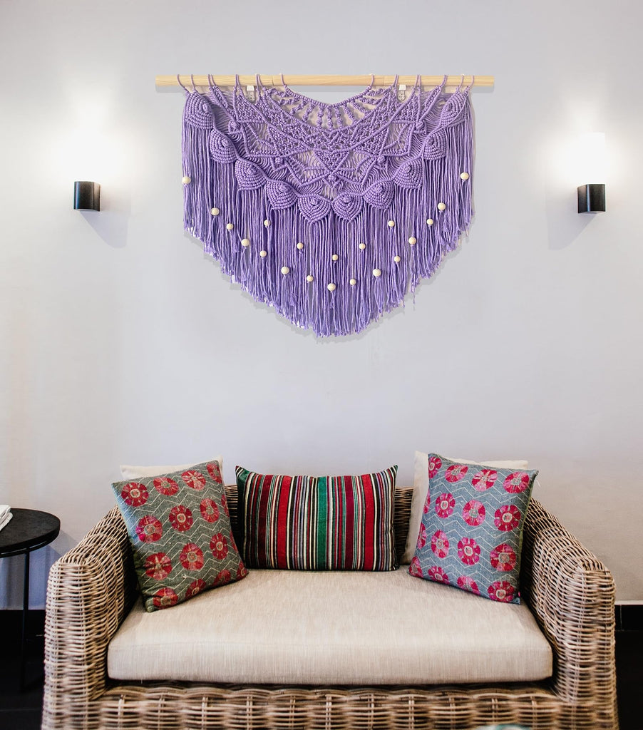 Large Macrame Wall Hanging Boho Beaded Curtain for Window Macrame Bedroom Headboard Living Room Wall Art Tassel