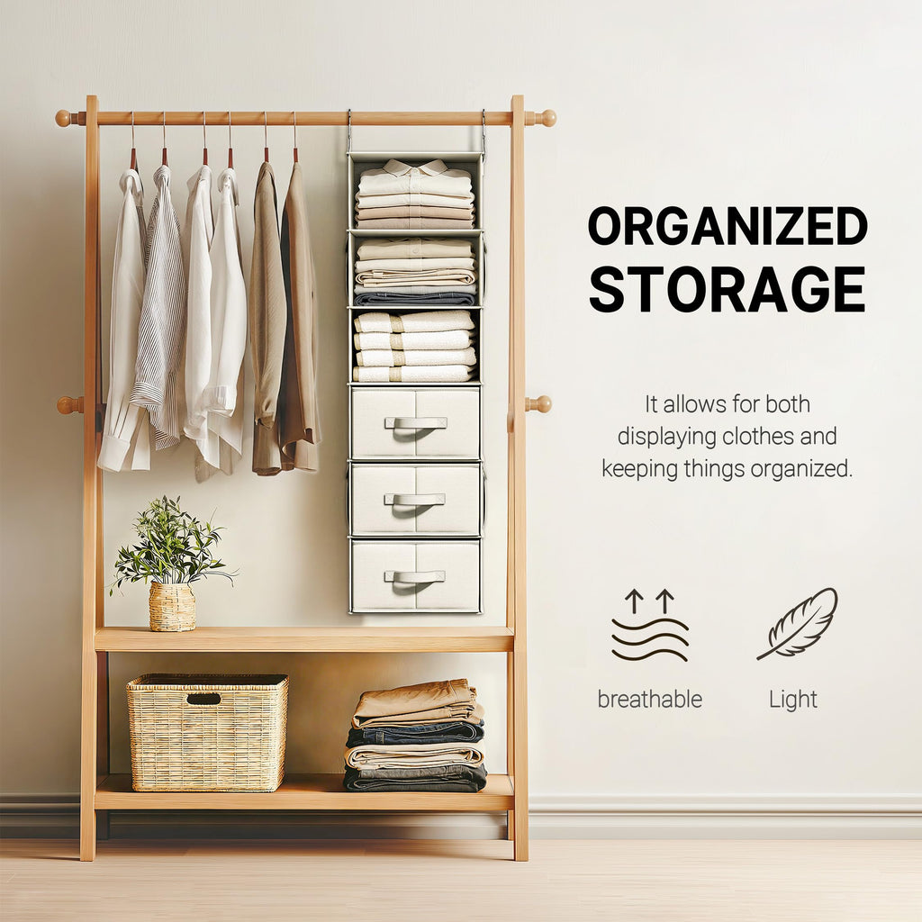 6-Shelf Hanging Closet Organizer with 3 Fabric Drawers, Beige