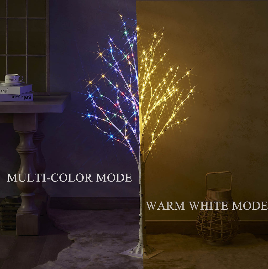 Lighted Birch Tree with 200L Multi Color and Warm White Fairy Lights 8 Functions 4FT, White Twig Tree with Lights for