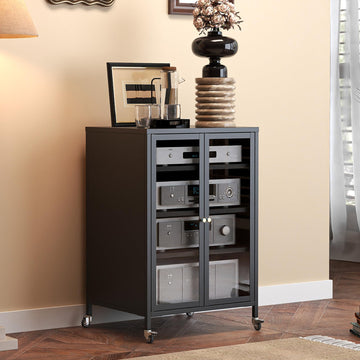 Heavy Duty 4-Tier Media Cabinet, Audio-Video Media Stand with Tempered Glass Doors, Metal Stereo Cabinets with 3