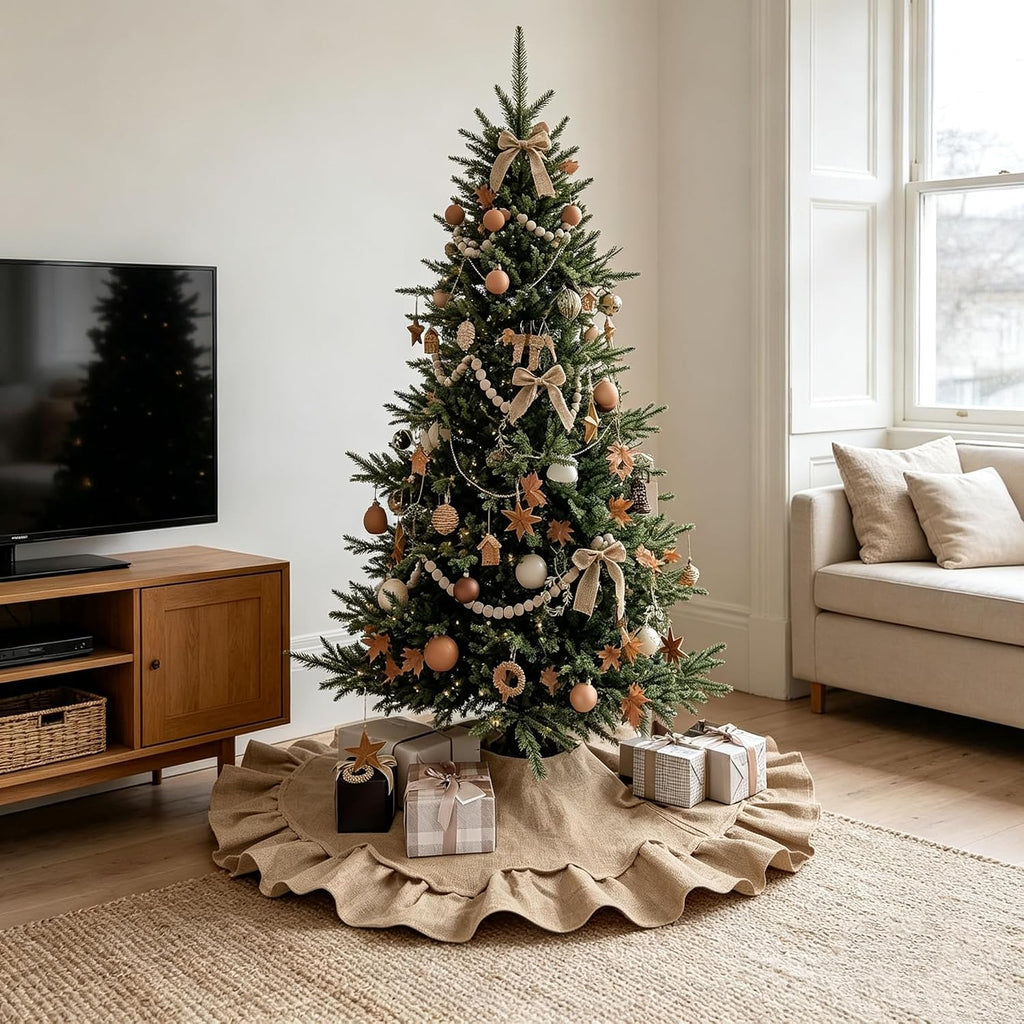 36 Inch Burlap Christmas Tree Skirt, with Ruffle Border and Bow Ties